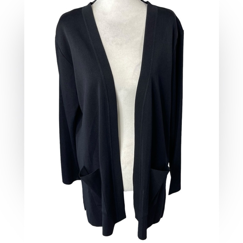 Misook Knit Black Open Cardigan, pockets, Medium Length, Shoulder Padded, Sz L